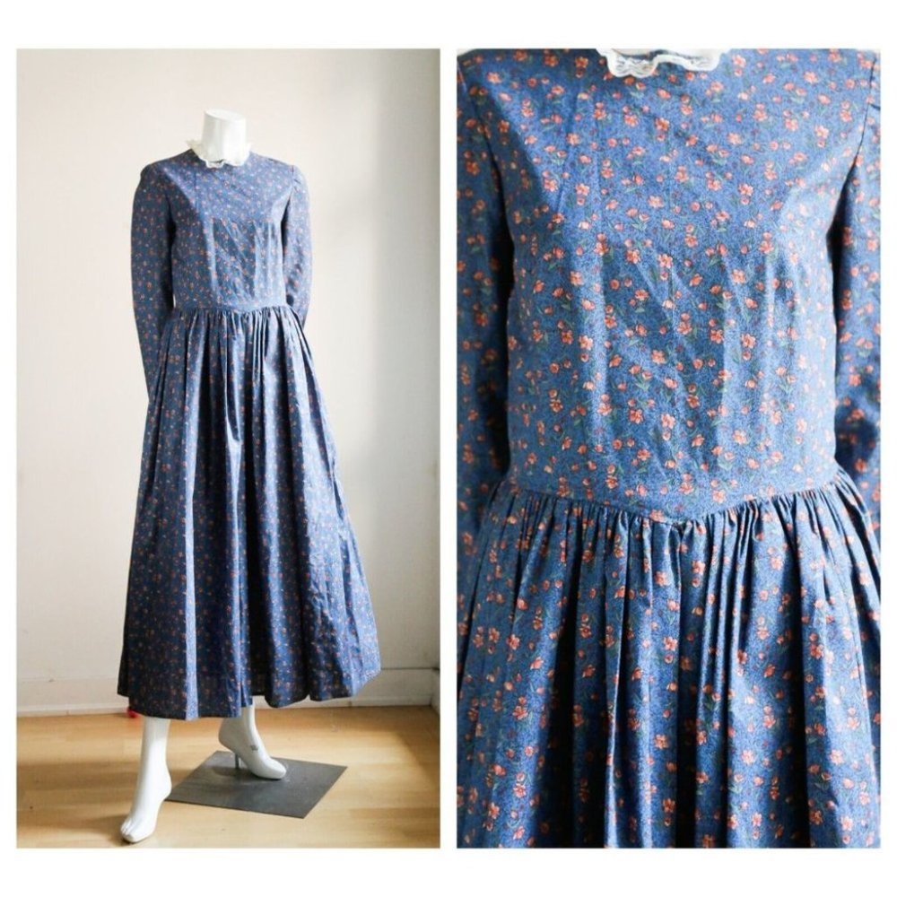 Vintage Chintz Micro Floral Cottage core Long Sleeve Maxi Dress S